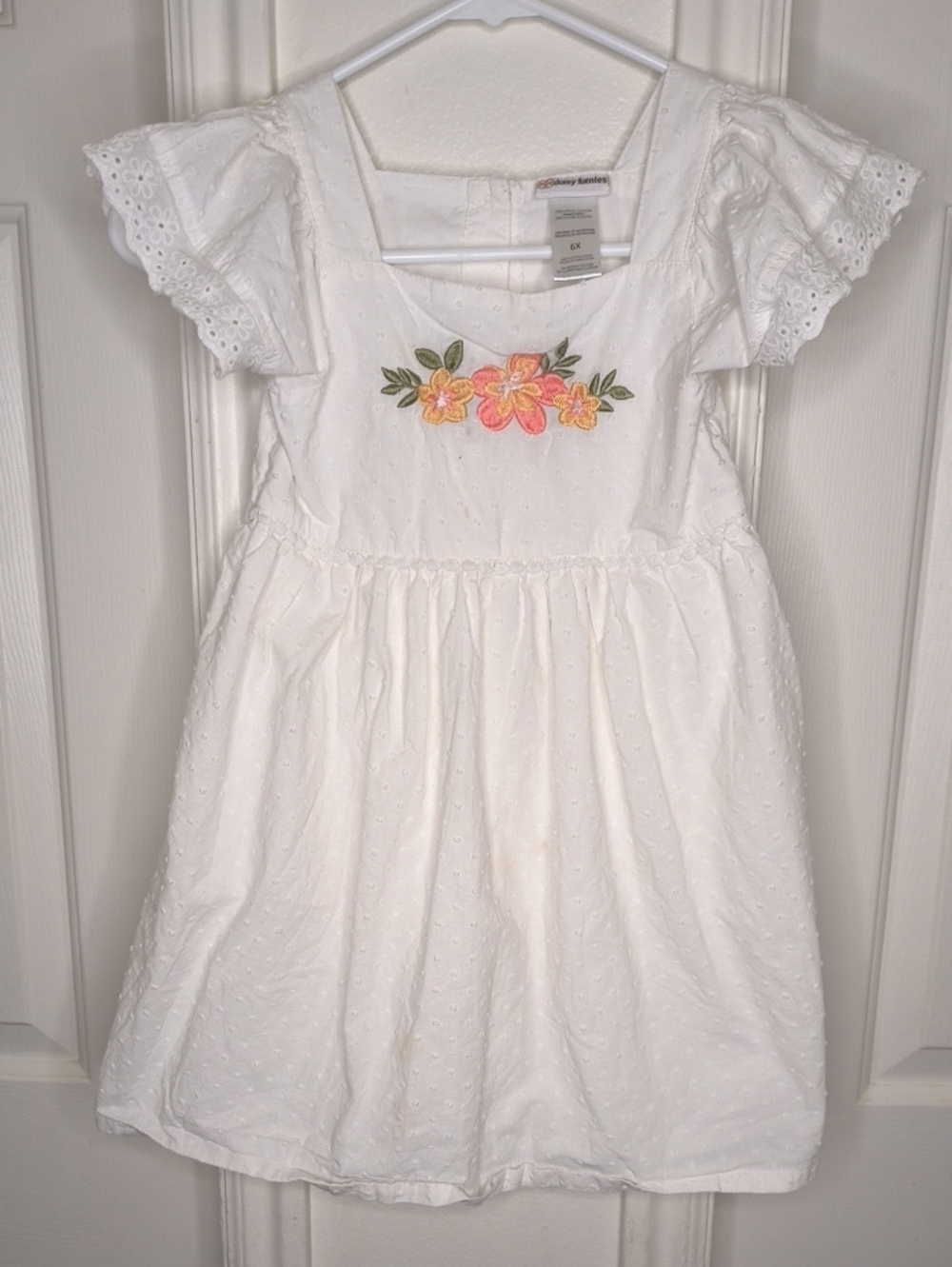 Daisy Fuentes White Eyelet Dress with Pink & Yellow Floral Appliqué